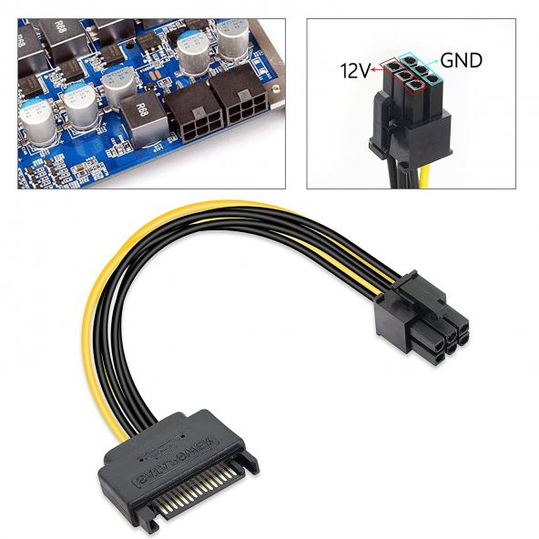 6 Pin - Sata 15 Pin Sata Güç Kablosu (sata - 6 Pin Pcıe) Grafik Ekran Kartı Power Kablosu ürün görseli 1