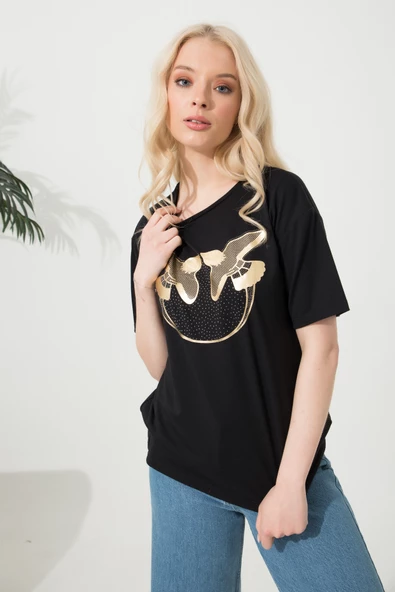 Baskılı Basic Bisiklet Yaka Örme T-Shirt - Resim 2