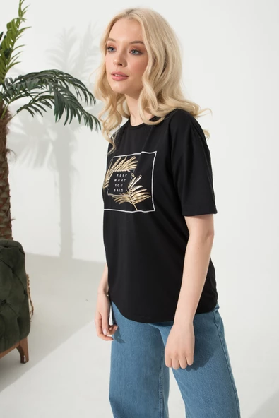 Baskılı Basic Bisiklet Yaka Örme T-Shirt - Resim 10