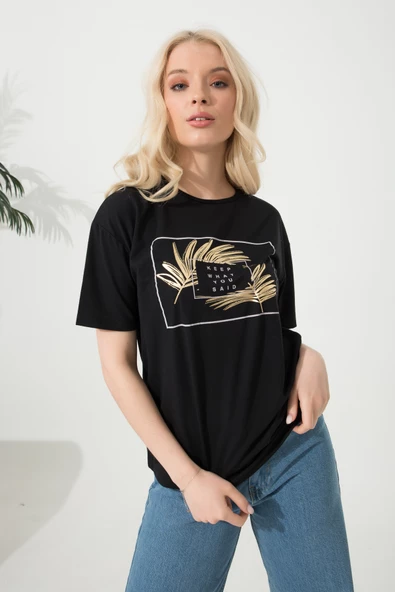 Baskılı Basic Bisiklet Yaka Örme T-Shirt - Resim 11