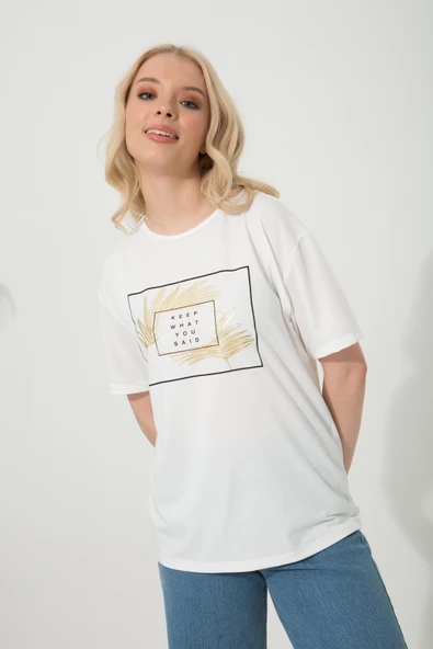 Baskılı Basic Bisiklet Yaka Örme T-Shirt - Resim 6