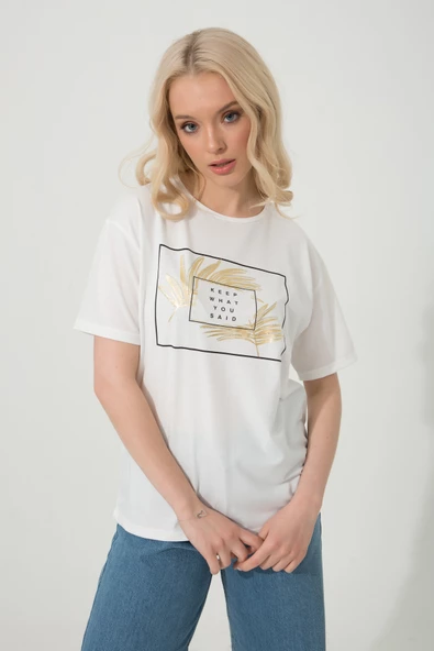 Baskılı Basic Bisiklet Yaka Örme T-Shirt - Resim 5