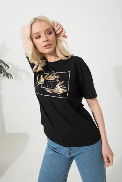 Baskılı Basic Bisiklet Yaka Örme T-Shirt - Resim 9