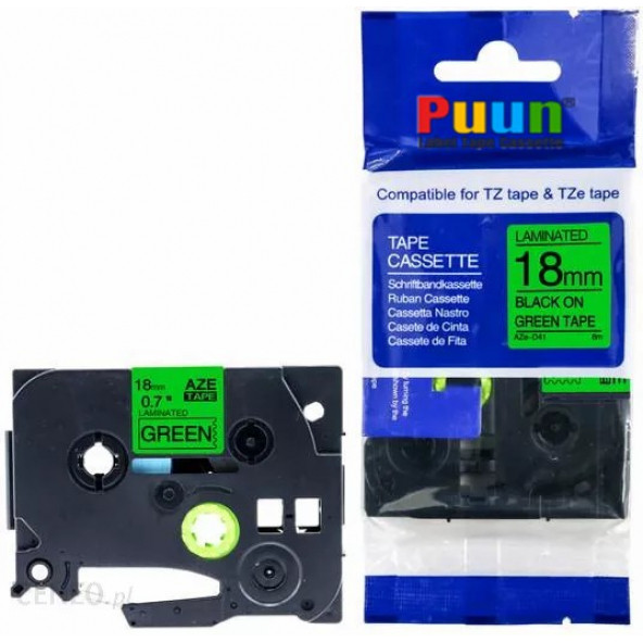 Puun Brother P-Touch TZE-D41 18MM x 8m Fosforlu Yeşil Green Üzerine Siyah Muadil Laminasyon Etiket Şeridi ürün görseli 1