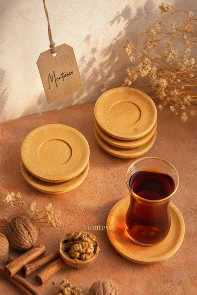 Ahşap Çay Tabağı 6 lı Set Bardak Fincan Kupa Altlığı ( YUVARLAK ) ürün görseli 1