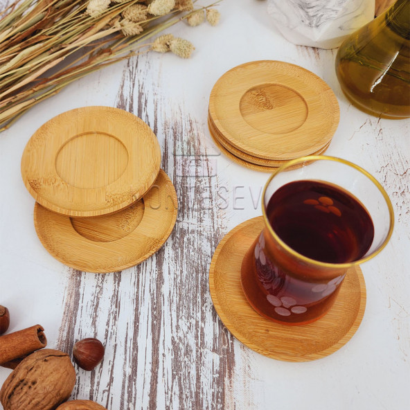 Ahşap Çay Tabağı 6 lı Set Bardak Fincan Kupa Altlığı ( YUVARLAK ) ürün görseli 1