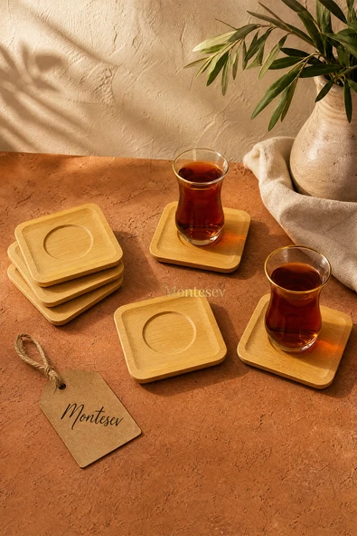 Ahşap Çay Tabağı 6 lı Set Bardak Fincan Kupa Altlığı ( KARE ) ürün görseli 1