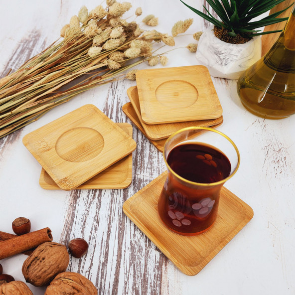 Ahşap Çay Tabağı 6 lı Set Bardak Fincan Kupa Altlığı ( KARE ) ürün görseli 1