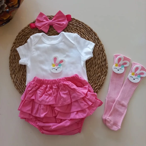 MARS BABY Kız Bebek Pembe Fuşya Tavşan Figürlü Badili Bandanalı Fırfırşort Etek Takım ürün görseli 1