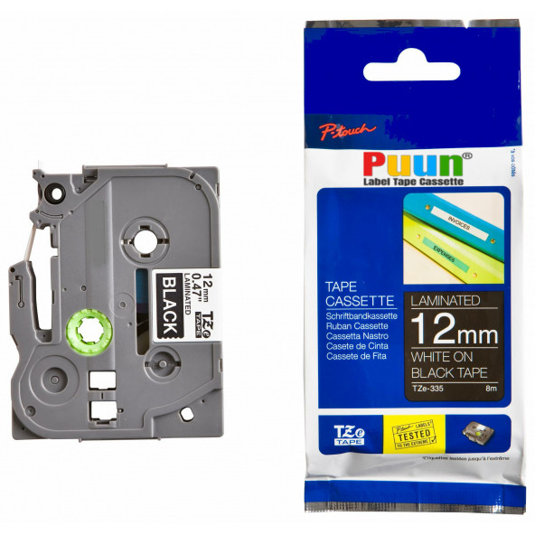 Puun Brother P-Touch TZE-335 12MM x 8m Siyah Üzerine Beyaz Muadil Laminasyon Etiket Şeridi ürün görseli 1