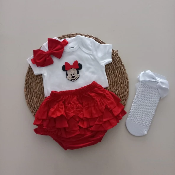 MARS BABY Kız Bebek Kırmızı Minnie'li Fırfır Şort Etek Bodyli Beyaz File Takımı ürün görseli 1