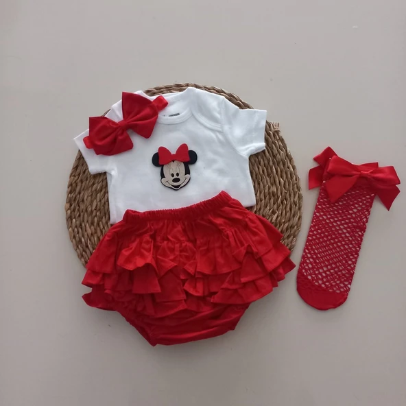 MARS BABY Kız Bebek Kırmızı Minnie'li Fırfır Şort Etek Bodyli Kırmızı File Takımı ürün görseli 1