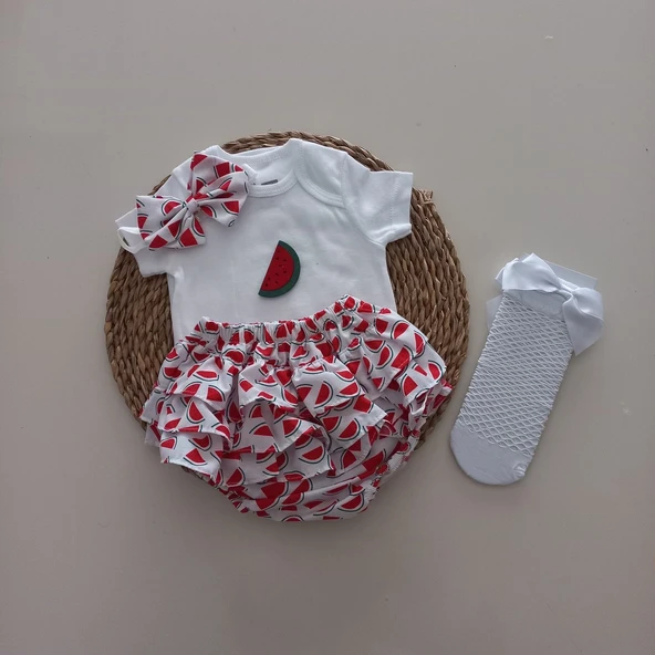 MARS BABY Kız Bebek Karpuz Fırfır Şort Etek Bodyli Beyaz File Çorap Takımı ürün görseli 1