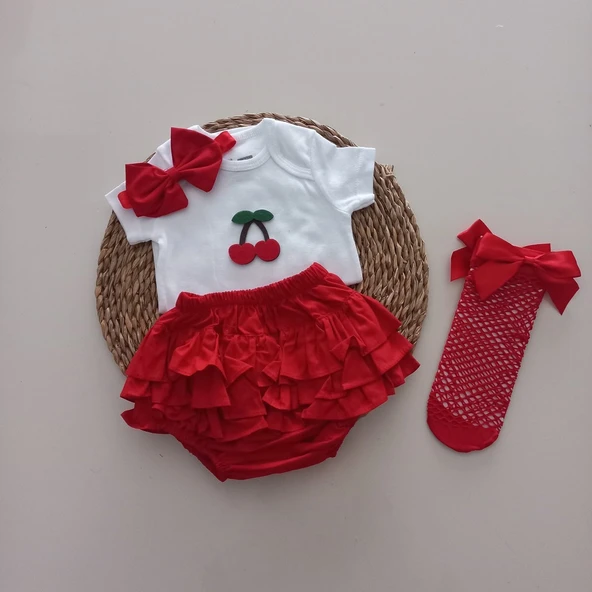 MARS BABY Kız Bebek Kırmızı Kiraz Fırfır Şort Etek Bodyli Kırmızı File Takımı ürün görseli 1