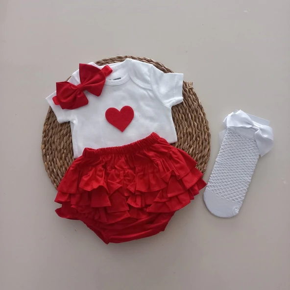 MARS BABY Kız Bebek Kırmızı Kalpli Fırfır Şort Etek Bodyli Beyaz File Takımı ürün görseli 1