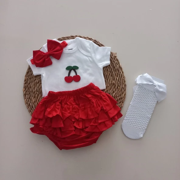 MARS BABY Kız Bebek Kırmızı Kiraz Fırfır Şort Etek Bodyli Beyaz File Takımı ürün görseli 1