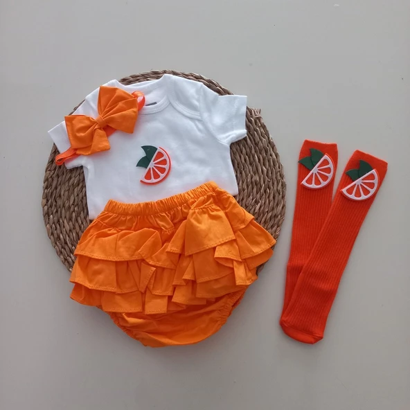 MARS BABY Kız Bebek Turuncu Portakal Fırfır Şort Etek Bodyli Çorap Takımı ürün görseli 1