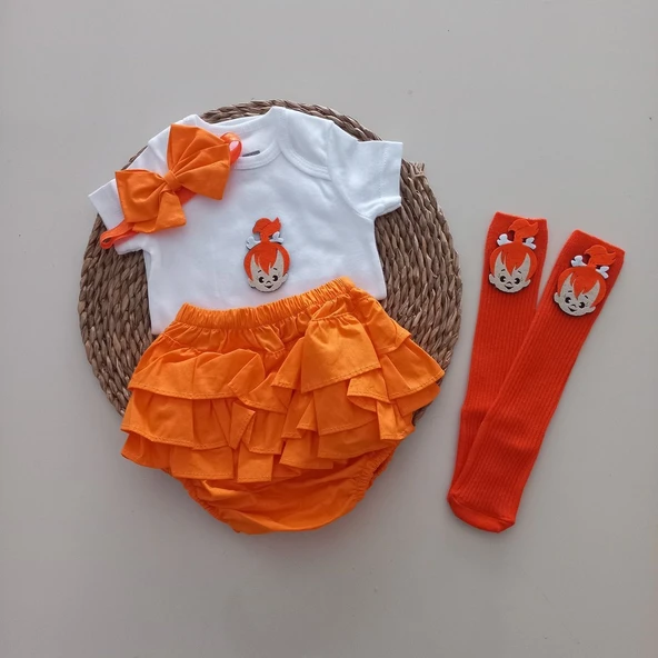 MARS BABY Kız Bebek Turuncu Çakıl Fırfır Şort Etek Badili Çorap Takımı ürün görseli 1