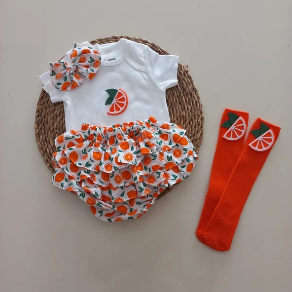 MARS BABY Kız Bebek Portakal Fırfır Şort Etek Bodyli Çorap Takımı ürün görseli 1