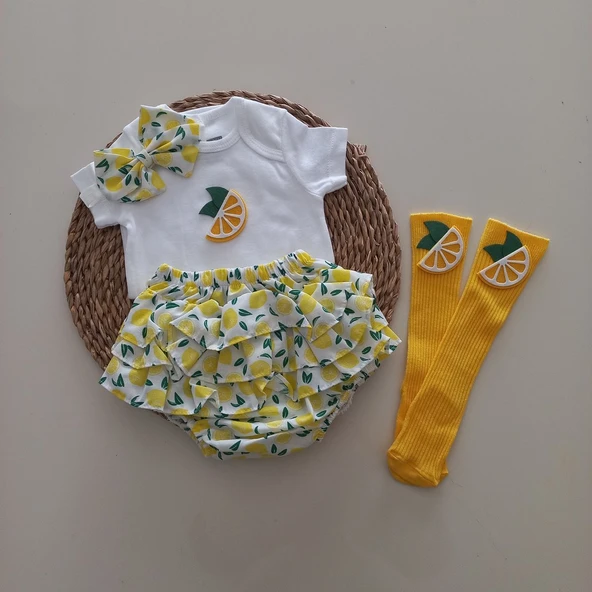 MARS BABY Kız Bebek Sarı Limonlu Fırfır Şort Etek Bodyli Çorap Takımı ürün görseli 1