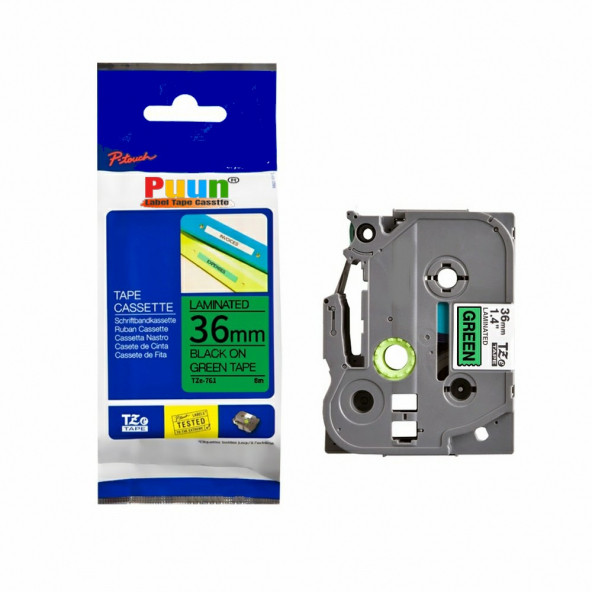 Puun Brother P-Touch TZE-761 aze761 36MM x 8m Yeşil Üzerine Siyah Muadil Laminasyon Etiket Şeridi ürün görseli 1