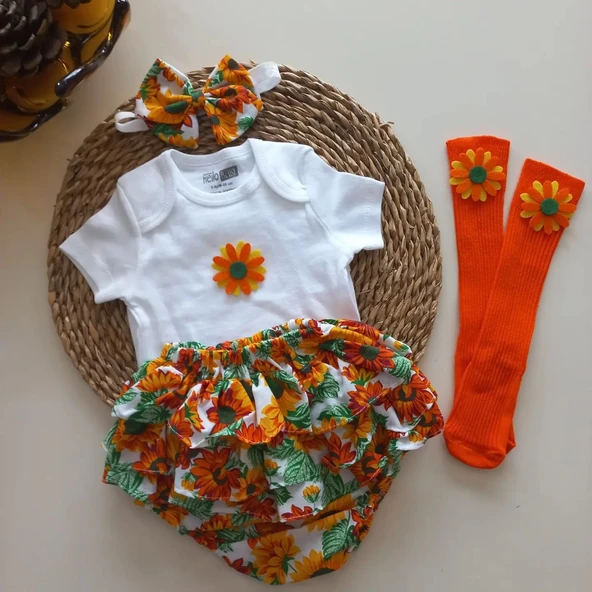 MARS BABY Kız Bebek Turuncu Ayçiçeği Desenli Fırfırşort Etek Badi Bandanalı Takım ürün görseli 1