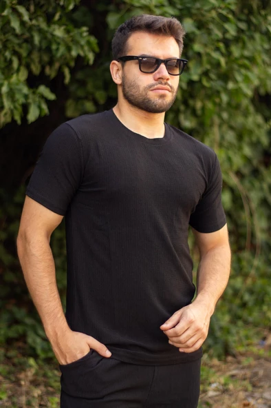 Erkek Siyah Krep Kumaş Rahat Salaş Esnek Bisiklet Yaka T-Shirt 23ETSHTARP ürün görseli 1