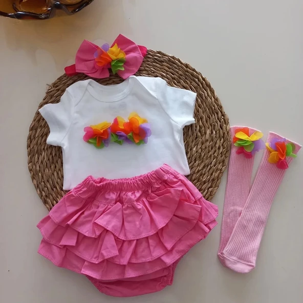 MARS BABY Kız Bebek Fuşya Potpori Fırfırşort Etek Bandana Pembe Çorap Takım ürün görseli 1