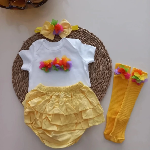 MARS BABY Kız Bebek Sarı Potpori Fırfırşort Etek Bandana Çorap Takım ürün görseli 1