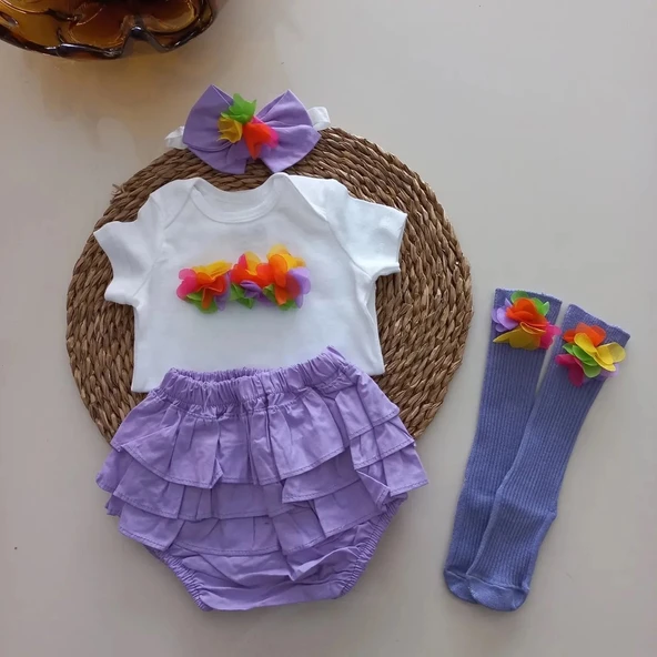 MARS BABY Kız Bebek Lila Potpori Fırfırşort Etek Bandana Çorap Takım ürün görseli 1