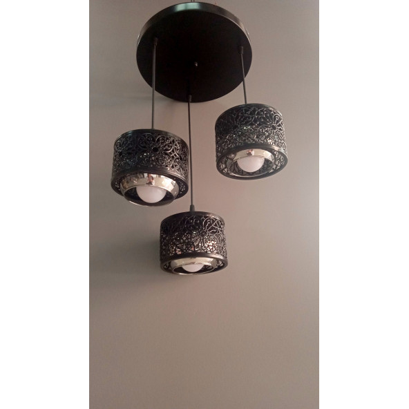 3'LÜ SİYAH MOTİFLİ GLOB CAMLI SARKIT AVİZE - Resim 3