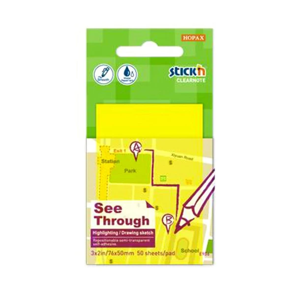 Hopax Stickn Yapışkanlı Not Kağıdı Yarı Saydam 50 Yaprak 76x51 MM Neon Sarı ürün görseli 1
