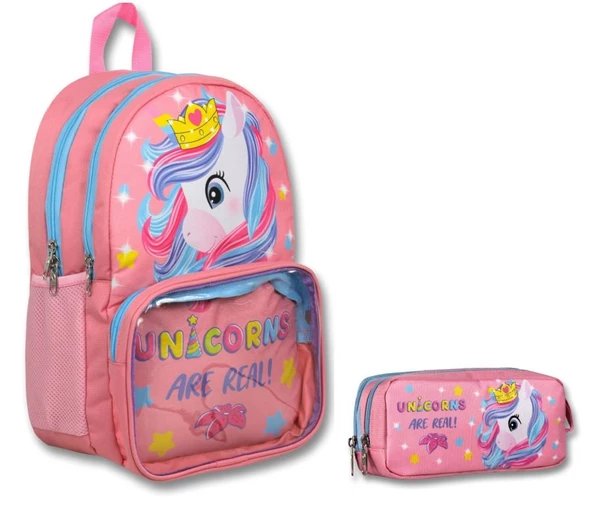 Cennec Şeffaf Bölmeli Pembe Unicorn İlkokul Sırt Çantası ve Kalemlik Seti - Kız Çocuk ürün görseli 1