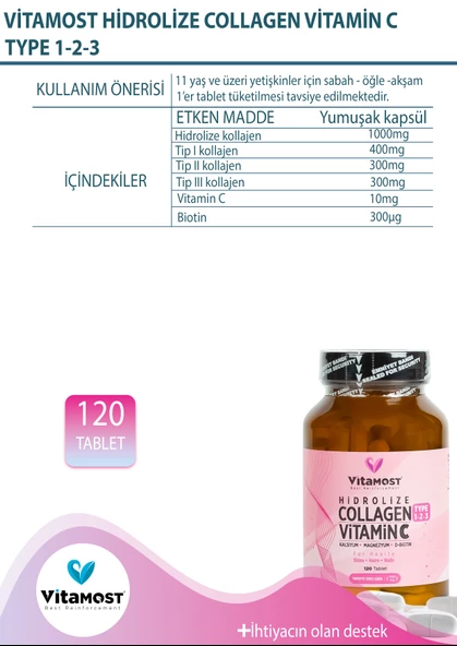 Vitamost Collagen Vitamin C Type 1-2-3 120 Tablet - Resim 5