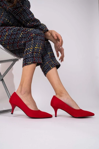 Kadın Kısa Topuklu Kırmızı Süet Stiletto Ayakkabı - Candy ürün görseli 1