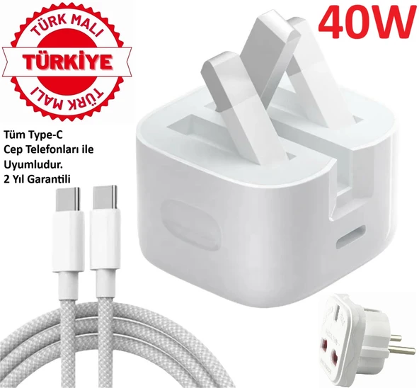 Tüm Type-C Tablet ve ipad için Şarj Cihazı 40W Adaptör + 66W Usb-C To Usb-C Kablo + Plug Çeviriçi (Türk Malı 2 Yıl Garantili) DTSINE0008017 ürün görseli 1