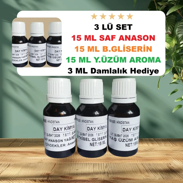 3 Lü SET 15 ML Saf Anason Yağı 15 ML Saf Gliserin 15 ML Yaş Üzüm Aroması 5 Litre Uyumlu (3 ML Damlalık Hediye ürün görseli 1