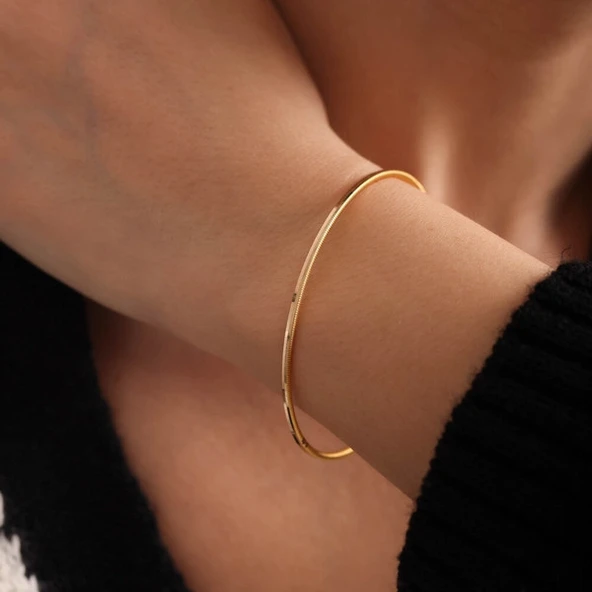 Garantili Gold Gerçek Altın Görünümlü ince Ajda Ray Parlak Sade 1 Adet Bilezik SINEKBIT11428 ürün görseli 1