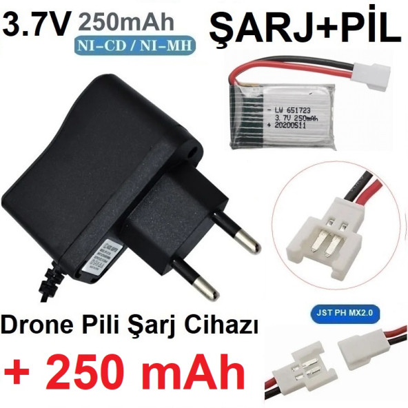 Drone Pili Şarj Cihazı + 250 Mah Pil Jst Ph Mx2.0 Fiş Güç Adaptörü 3.7v 250mah SINEKBIT11838 ürün görseli 1