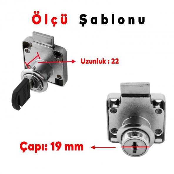 Mobilya Çekmece Dolap Kilidi Nikel Krom 2 Anahtarlı Kilit 4x4 cm 22 mm ürün görseli 1