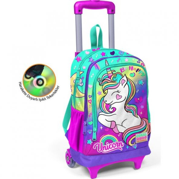 Coral High Unicorn Desenli Işıklı Tekerlek Lavanta Çekçekli Sırt ve Okul Çantası 23929 ürün görseli 1