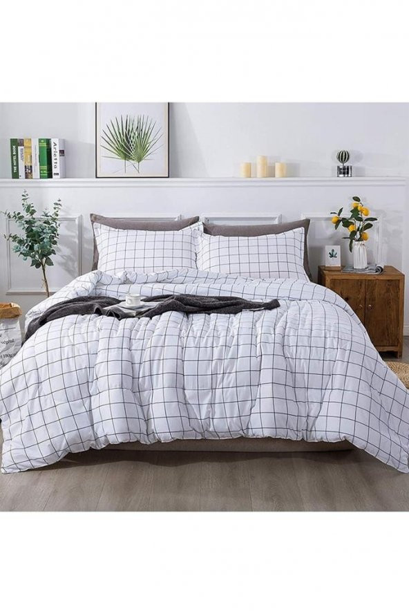 Plaid Nevresim Takımı Çift Kişilik 200x220 - Beyaz ürün görseli 1