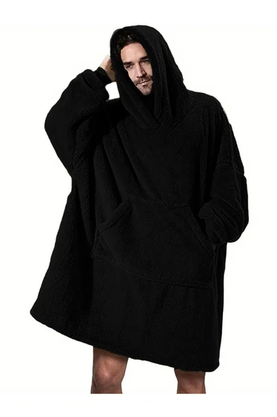 Wellsoft Kapşonlu Giyilebilir Tv Battaniyesi unisex Over size - Siyah ürün görseli 1