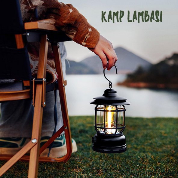 Dekoratif Outdoor Kamp Lambası Ledli Beyaz Işıklı El Feneri Işıldak Şarjlı Portatif Gece Lamba Siyah ürün görseli 1
