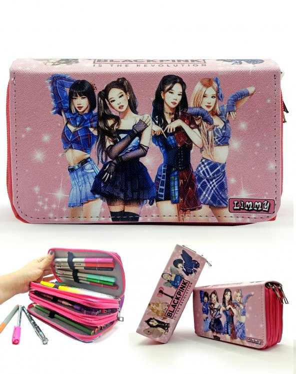 Kalem Kutusu Black Pink Blink Organizer Kalemkutu Vegan Deri Üç Bölmeli Kalemlik ürün görseli 1