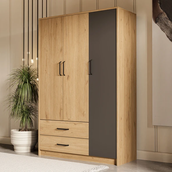Mezza 3508 Grande Modern 3 Kapılı 2 Çekmeceli Gardırop Sepet - Antrasit ürün görseli 1