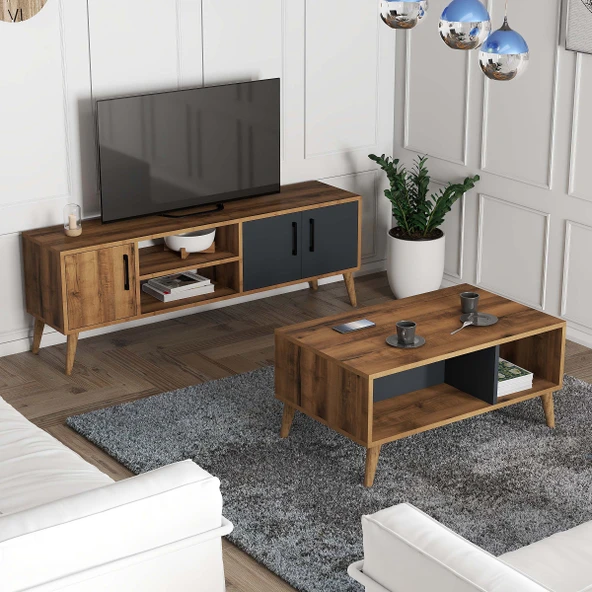 Mezza Set 1580-2070 Exxen 150 CM (AHŞAP AYAKLI) Tv Ünitesi Orta Sehpa Seti Hat-Antrasit ürün görseli 1