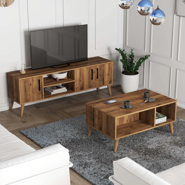Mezza Set 1582-2072 Exxen 150 CM (AHŞAP AYAKLI)  Tv Ünitesi Orta Sehpa Seti - Hat Rengi ürün görseli 1