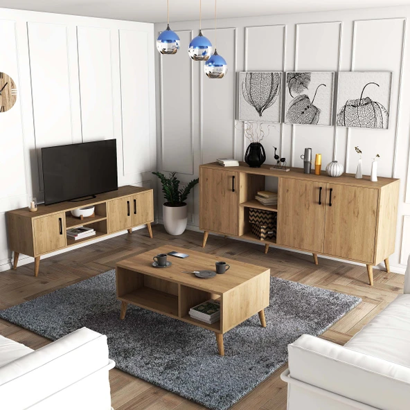 Mezza Set 1586-2076-1626 Exxen (AHŞAP AYAKLI) Tv Ünitesi - Orta Sehpa - Konsol Seti Sepet Rengi ürün görseli 1