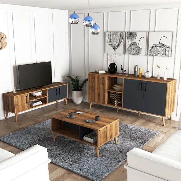Mezza Set 1580-2070-1620 Exxen (AHŞAP AYAKLI) Tv Ünitesi - Orta Sehpa - Konsol Seti Hat - Antrasit ürün görseli 1